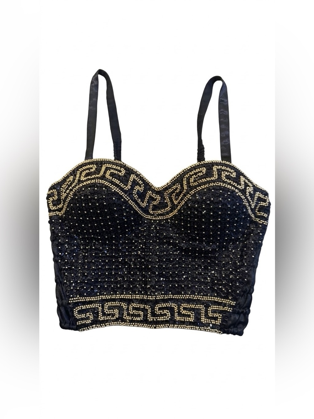 Vintage Attitudes by Debra Beaded Sequin Bustier Crop Top Y2K Greek Key Black M